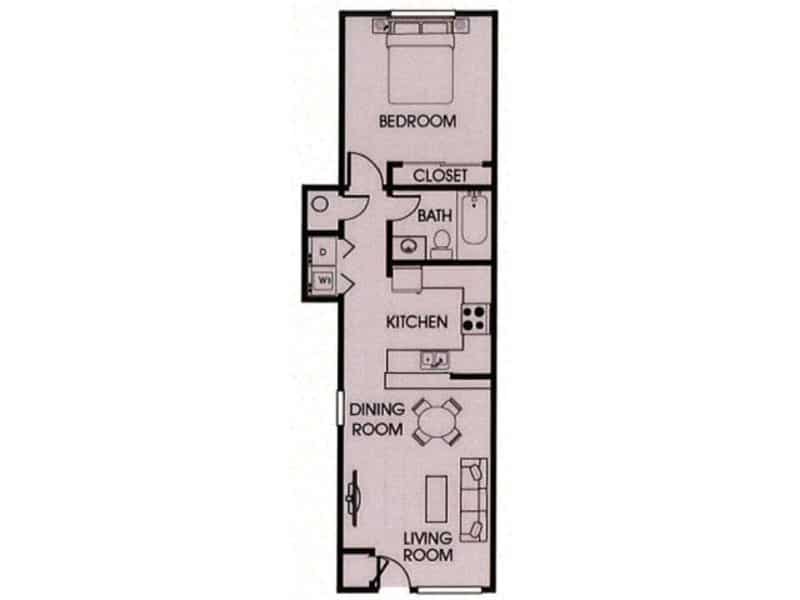 A 3D image of the 1BR/1BA – 668 floorplan, a 668 squarefoot, 1 bed / 1 bath unit