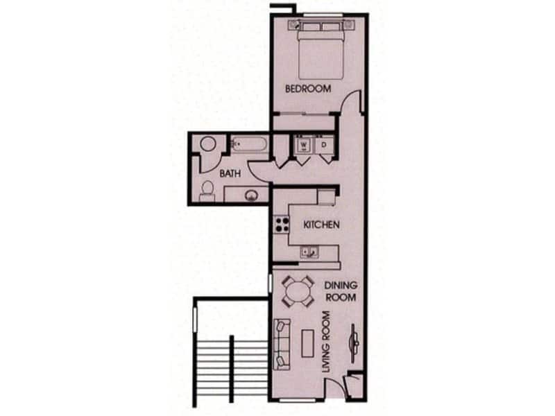 A 3D image of the 1BR/1BA – 725 floorplan, a 725 squarefoot, 1 bed / 1 bath unit