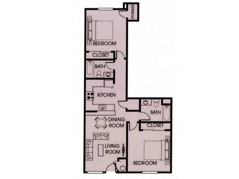 A 3D image of the 2BR/2BA – 950 floorplan, a 950 squarefoot, 2 bed / 2 bath unit