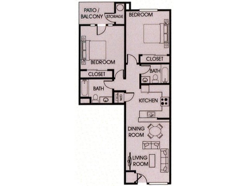 A 3D image of the 2BR/2BA – Balcony floorplan, a 953 squarefoot, 2 bed / 2 bath unit