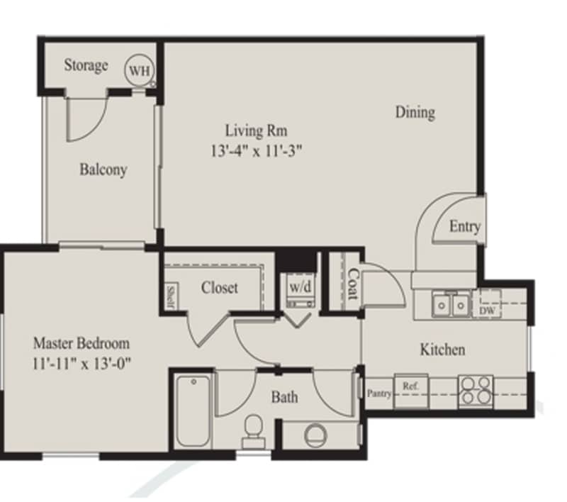 A 3D image of the 1BR/1BA floorplan, a 731 squarefoot, 1 bed / 1 bath unit