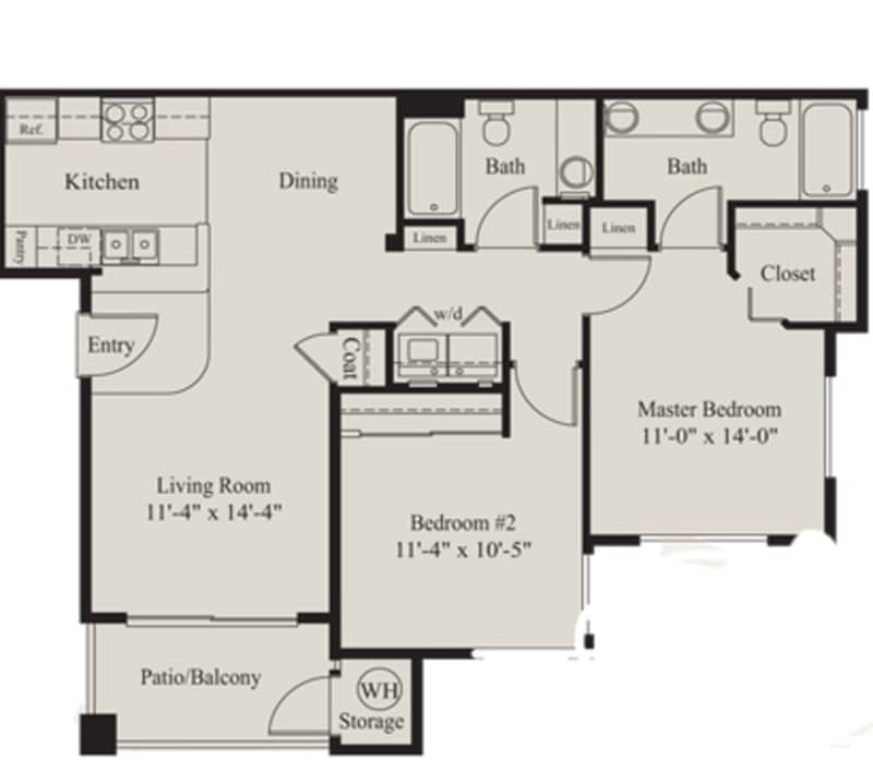 A 3D image of the 2BR/2BA floorplan, a 899 squarefoot, 2 bed / 2 bath unit