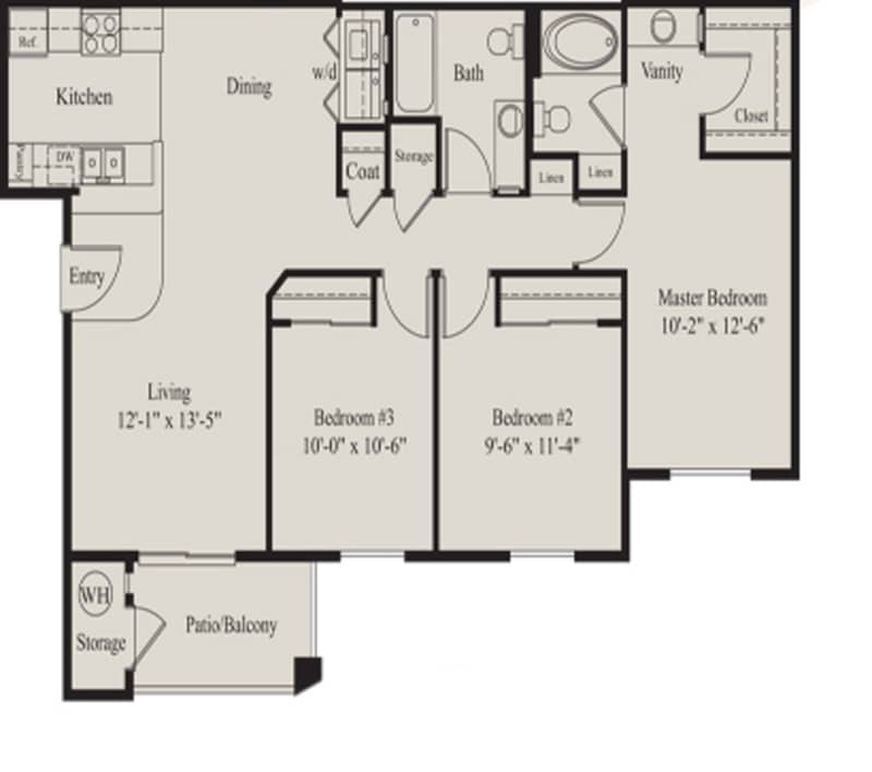 A 3D image of the 3BR/2BA floorplan, a 1126 squarefoot, 3 bed / 2 bath unit