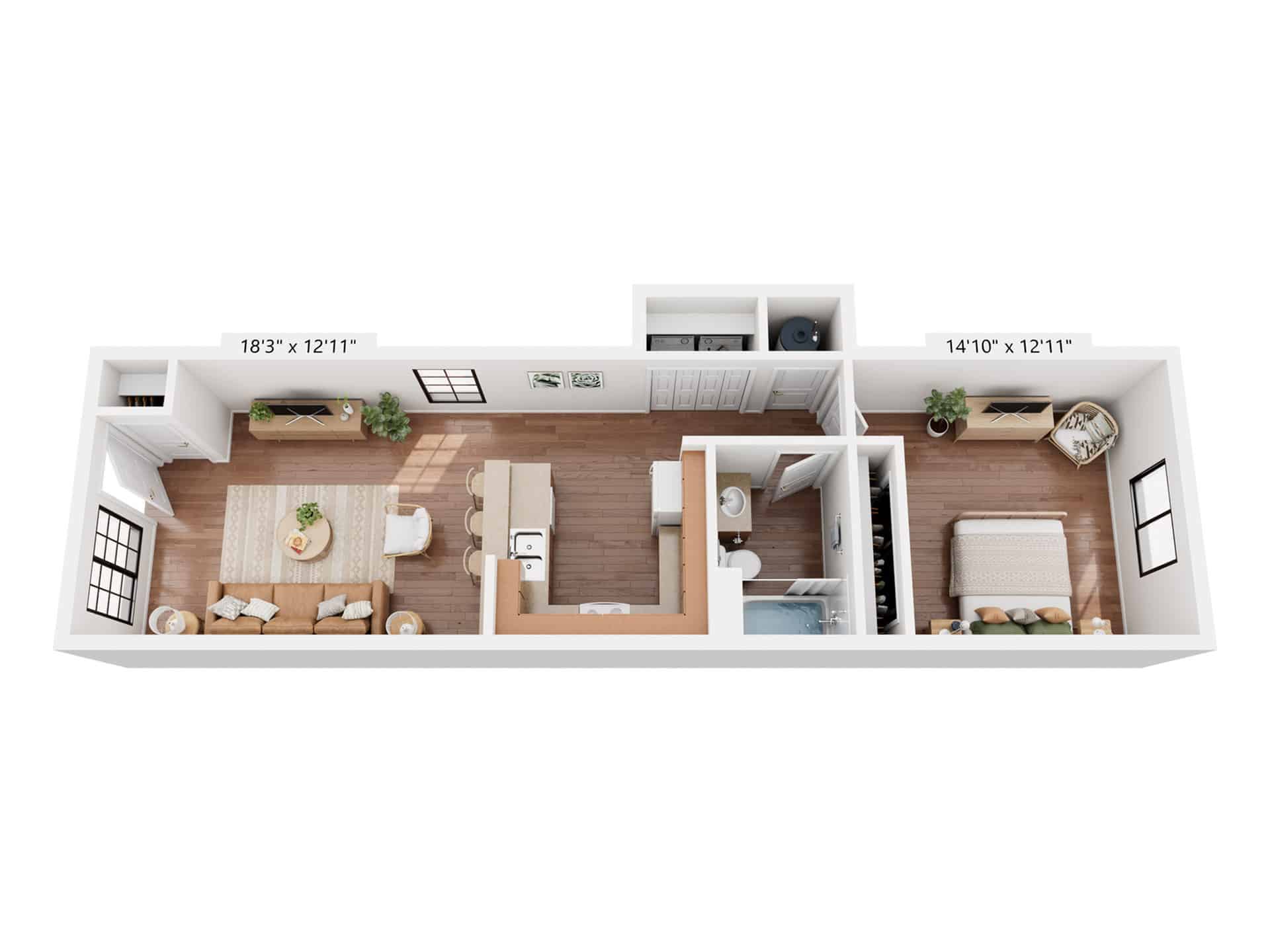 A 3D image of the 1BR/1BA – 668 floorplan, a 668 squarefoot, 1 bed / 1 bath unit
