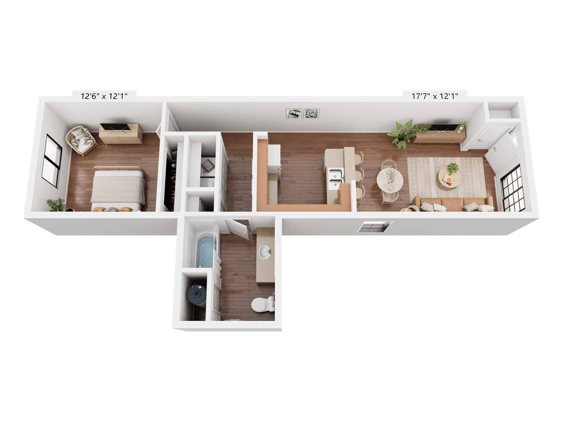 A 3D image of the 1BR/1BA – 725 floorplan, a 725 squarefoot, 1 bed / 1 bath unit