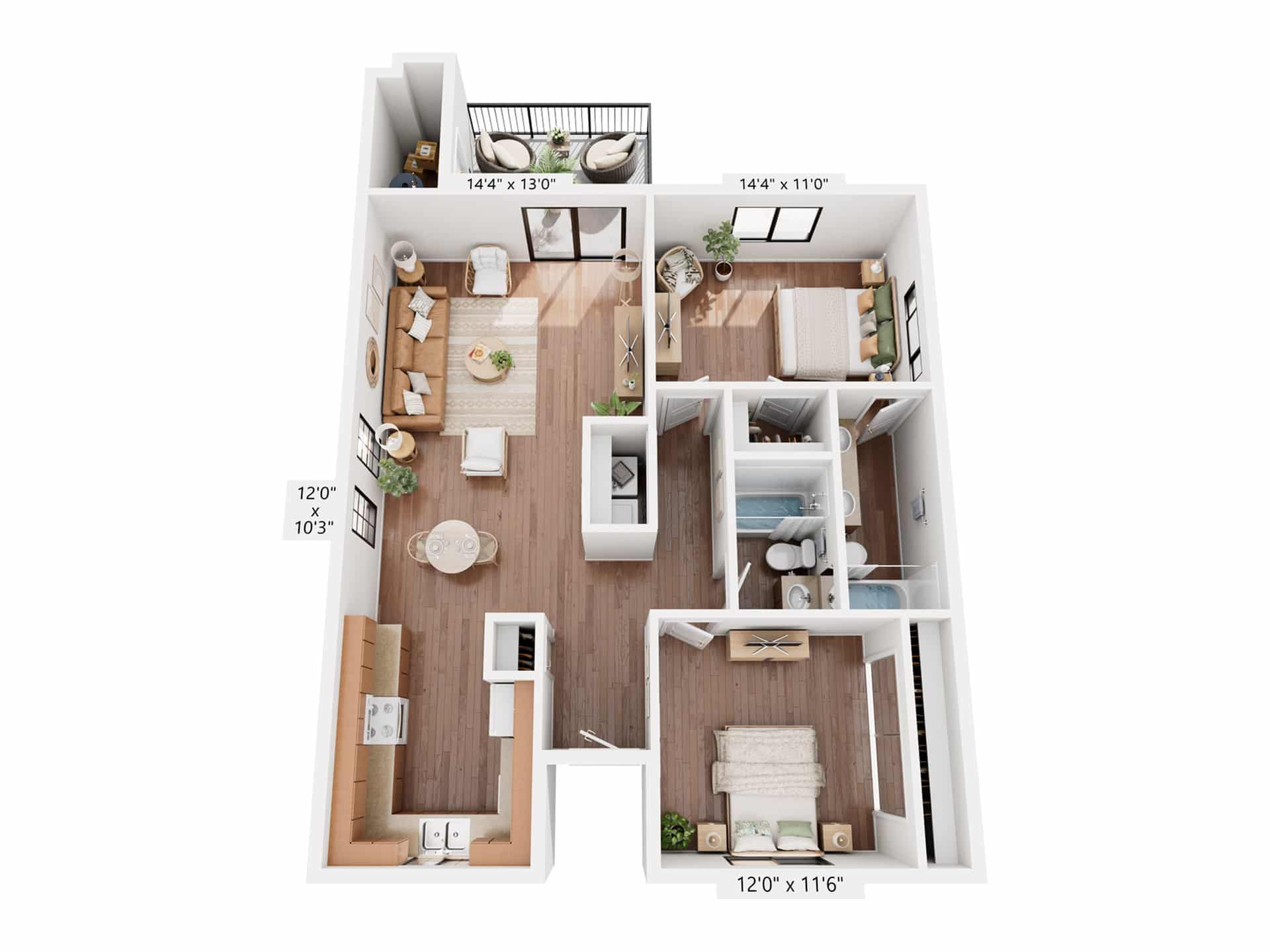 A 3D image of the 2BR/2BA – 1090 floorplan, a 1090 squarefoot, 2 bed / 2 bath unit