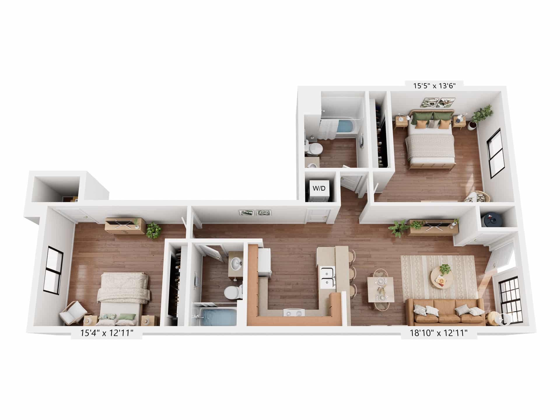 A 3D image of the 2BR/2BA – 950 floorplan, a 950 squarefoot, 2 bed / 2 bath unit