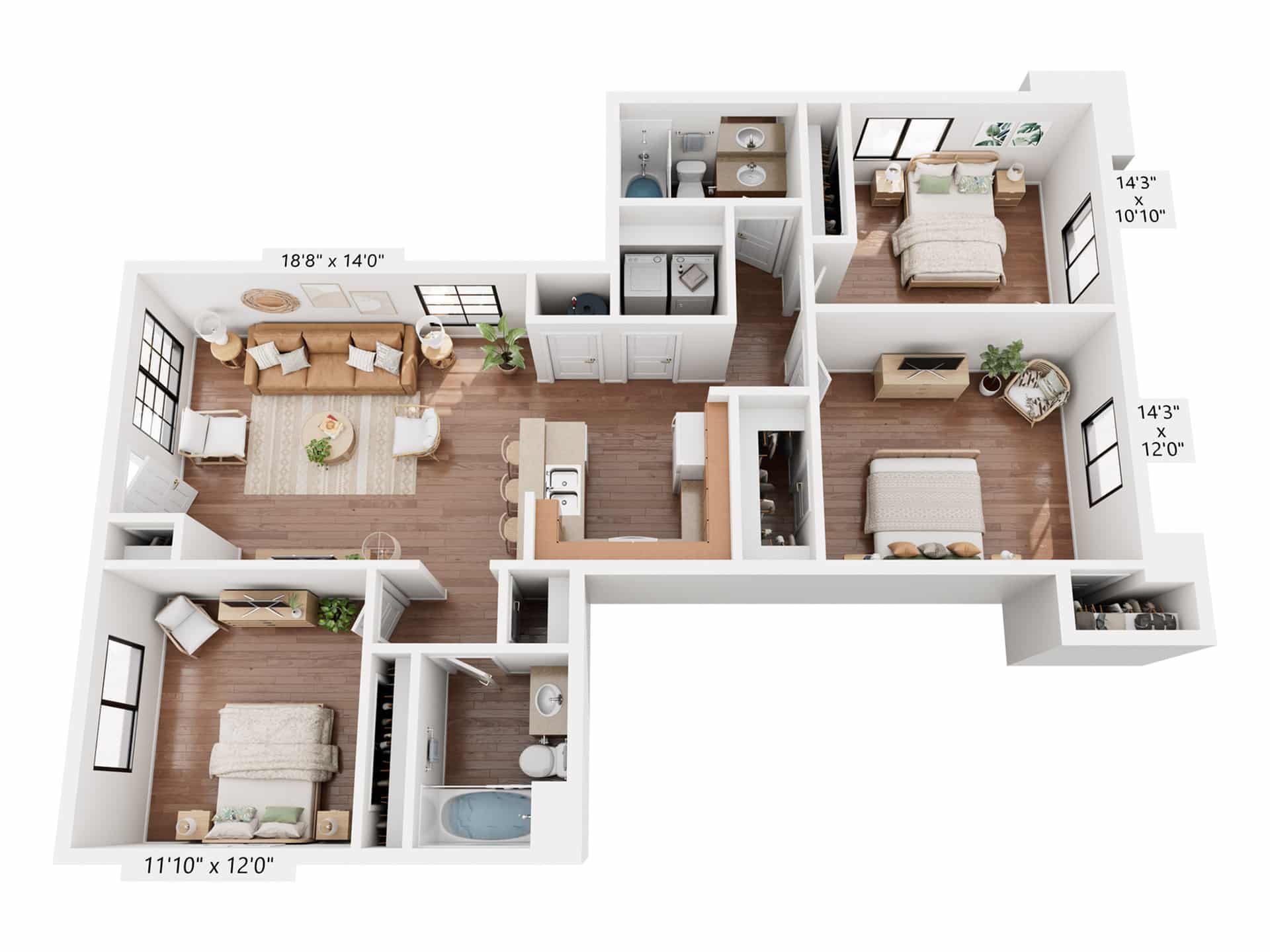 A 3D image of the 3BR/2BA floorplan, a 1310 squarefoot, 3 bed / 2 bath unit