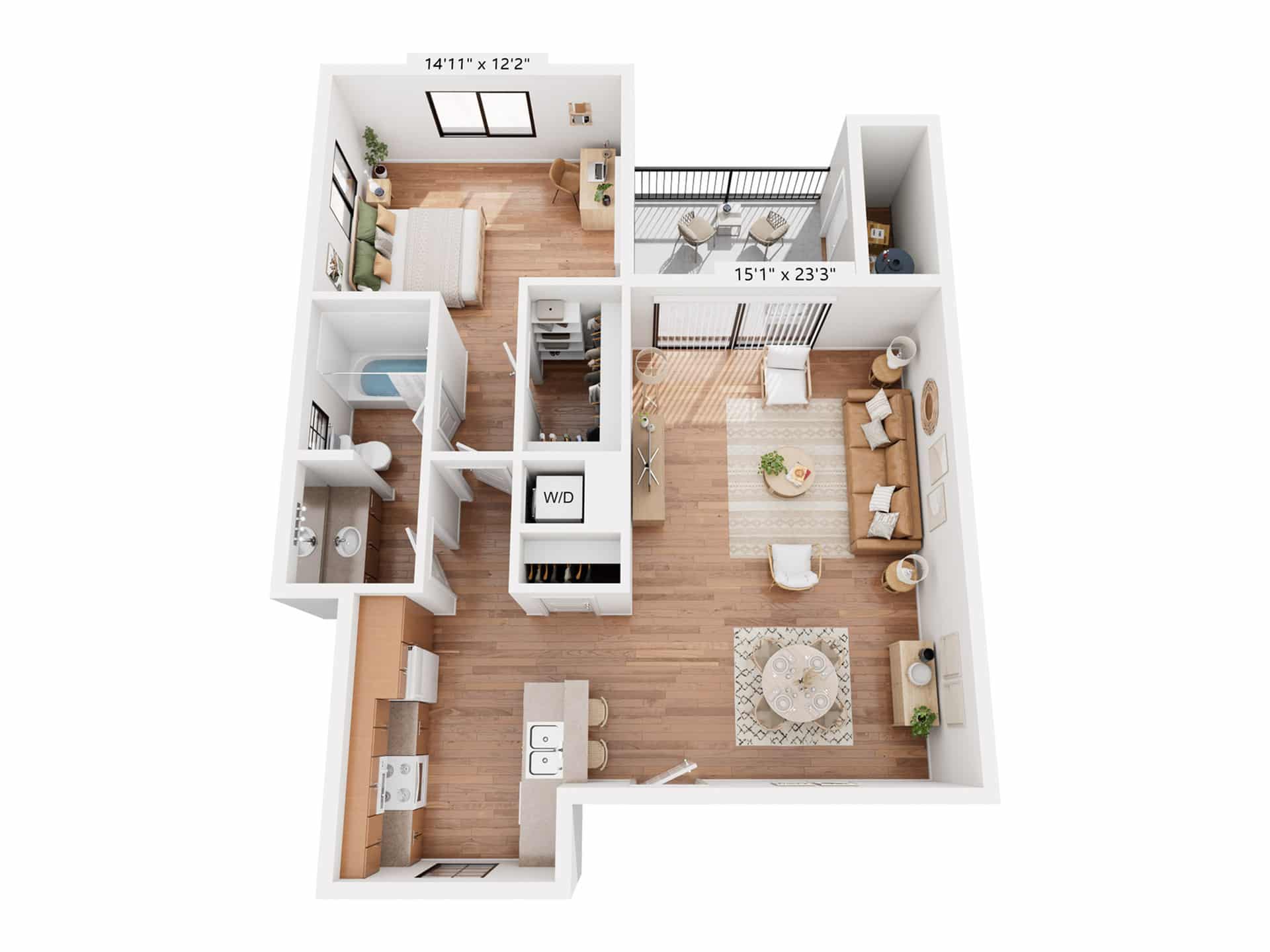 A 3D image of the 1BR/1BA floorplan, a 731 squarefoot, 1 bed / 1 bath unit