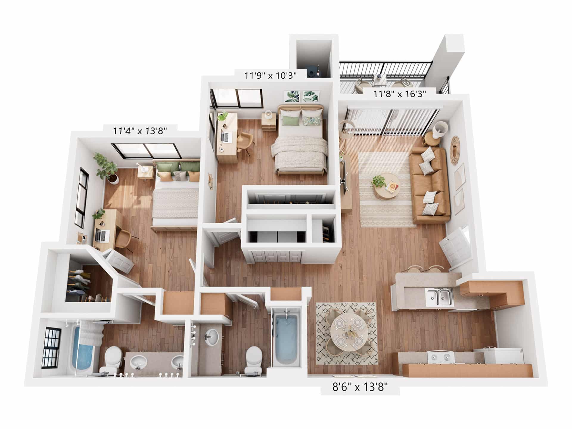 A 3D image of the 2BR/2BA floorplan, a 899 squarefoot, 2 bed / 2 bath unit