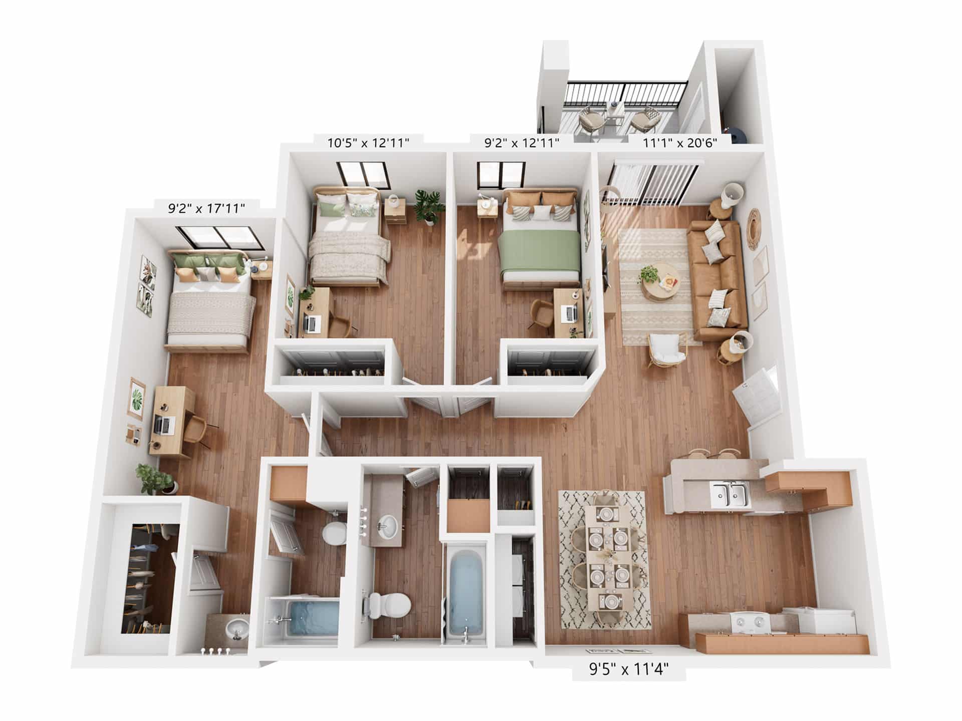 A 3D image of the 3BR/2BA floorplan, a 1126 squarefoot, 3 bed / 2 bath unit
