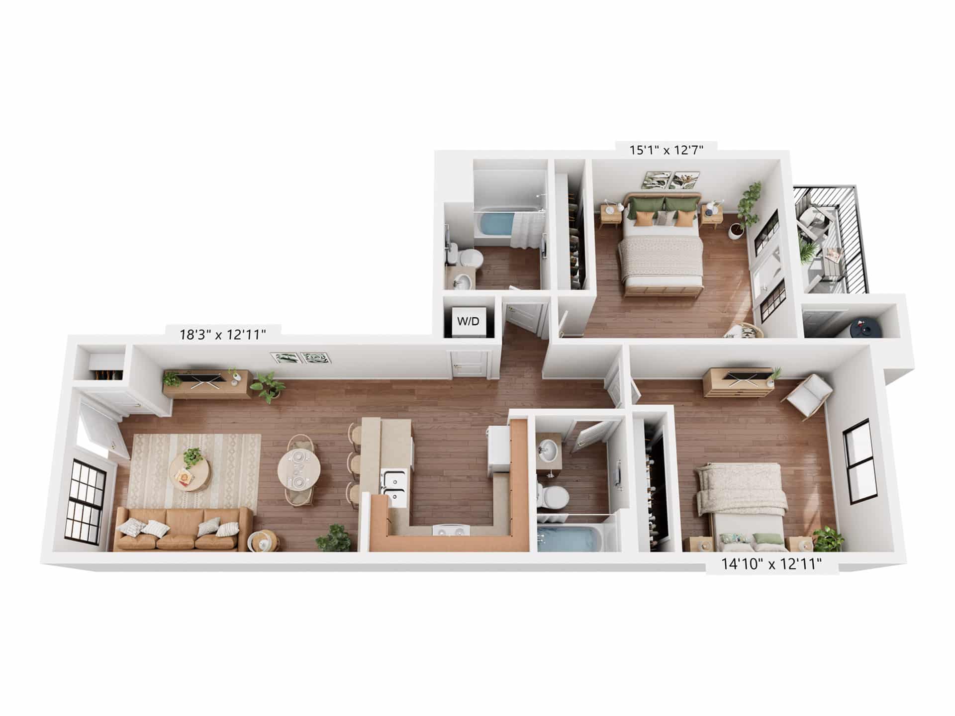 A 3D image of the 2BR/2BA – Balcony floorplan, a 953 squarefoot, 2 bed / 2 bath unit